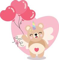 Happy unicorn teddy bear holding heart balloons vector