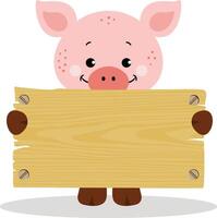 Cute pig with wooden signboard vector