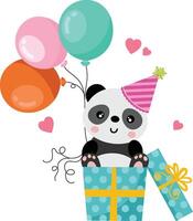 Surprise happy birthday box gift with panda holding balloons vector