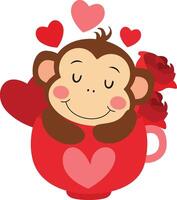 Cute valentine monkey inside red love cup vector