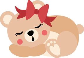 linda osito de peluche oso niña con arco dormido vector