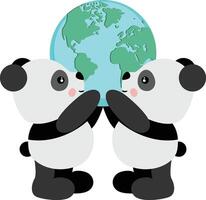 Two cute pandas holding a world globe vector