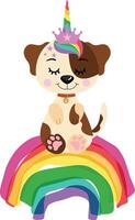 Funny unicorn dog on magic rainbow vector