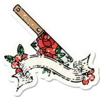 worn old sticker with banner of a cleaver and flowers png