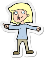 sticker of a cartoon happy woman pointing png