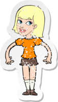 retro distressed sticker of a cartoon woman shrugging shoulders png