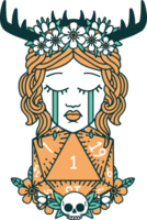 Retro Tattoo Style crying human druid with natural one D20 roll png