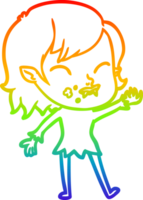 rainbow gradient line drawing of a cartoon vampire girl with blood on cheek png