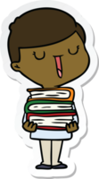 sticker of a cartoon happy boy with stack of books png