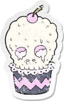 retro distressed sticker of a spooky skull cupcake cartoon png