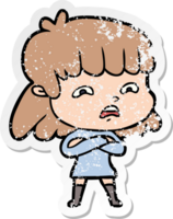 distressed sticker of a cartoon worried woman png