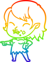 rainbow gradient line drawing of a cartoon vampire girl with blood on cheek png