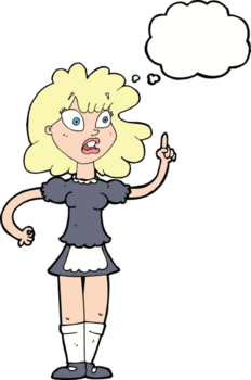 mucama preocupada de dibujos animados con burbuja de pensamiento png