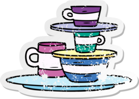 hand drawn distressed sticker cartoon doodle of colourful bowls and plates png