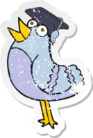 Retro beunruhigter Aufkleber eines Cartoonvogels, der Abschlusskappe trägt png