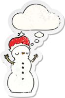 cartoon snowman with thought bubble as a distressed worn sticker png