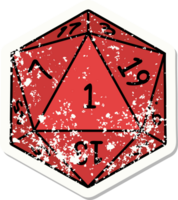 grunge sticker of a natural 1 D20 dice roll png