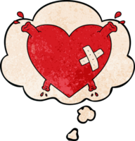 cartoon heart squirting blood with thought bubble in grunge texture style png