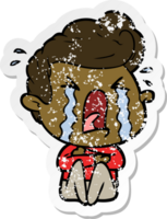 distressed sticker of a cartoon crying man png