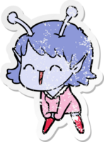 distressed sticker of a cartoon alien girl laughing png