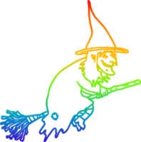 rainbow gradient line drawing of a cartoon witch on broom png