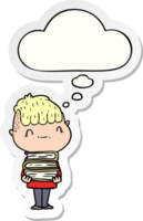 cartoon friendly boy with books with thought bubble as a printed sticker png