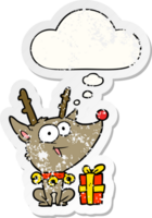 cartoon christmas reindeer with thought bubble as a distressed worn sticker png