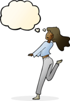 cartoon happy girl kicking out leg with thought bubble png