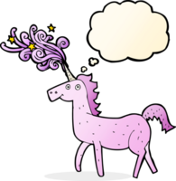 unicornio mágico de dibujos animados con burbuja de pensamiento png