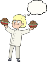 dibujado pensamiento burbuja dibujos animados cocinero con hamburguesas png