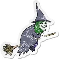 distressed sticker of a cartoon witch on broom png