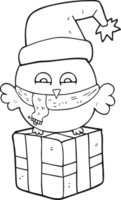 drawn black and white cartoon cute christmas owl on wrapped present png