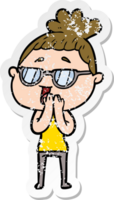 distressed sticker of a cartoon happy woman wearing spectacles png