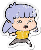 distressed sticker of a cartoon worried woman png