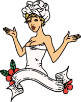 tatouage dans le style traditionnel d'une pin-up en serviette avec bannière png