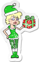 retro distressed sticker of a santas helper with christmas present png