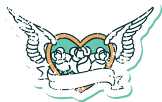 image emblématique de style tatouage autocollant en détresse d'un coeur volant avec des fleurs et une bannière png