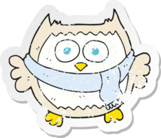 retro distressed sticker of a cartoon owl wearing scarf png