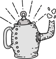 Illustration einer alten Kaffeekanne im traditionellen Tattoo-Stil, die dämpft png