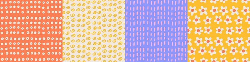 Naive groovy abstract shapes seamless patterns. 70s figure circle, spiral, flower, stroke backgrounds. Geometric hand drawn posters in trendy retro style. kiddy illustration. vector