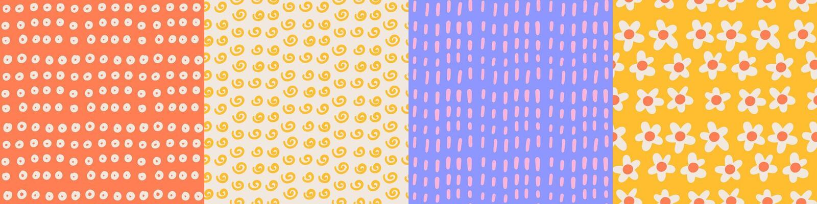 Naive groovy abstract shapes seamless patterns. 70s figure circle, spiral, flower, stroke backgrounds. Geometric hand drawn posters in trendy retro style. kiddy illustration.