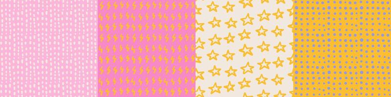 Colorful kiddy seamless patterns set. Naive hand drawn doodle background with hand drawn rough lightning, star, dot, stroke. Brush stroke simple shapes repeatable motif. illustration. vector