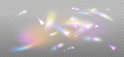 Rainbow dispersion highlights on a light background. Glare or reflection from water and glass. Glittering particles for social media cover, photo shots. Overlay texture vector