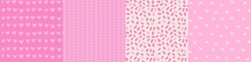 Set of simple hand drawn pink seamless patterns. Cute childish design. Wallpaper for little baby girl Pink dotted backgrounds collection. illustration wrap fabric cloth textile naive design. vector