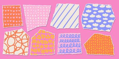 Set of jagged paper shapes with funny childish patterns. Torn sheets items for collage, design templates, banner, and sticker. hand draw illustration. vector