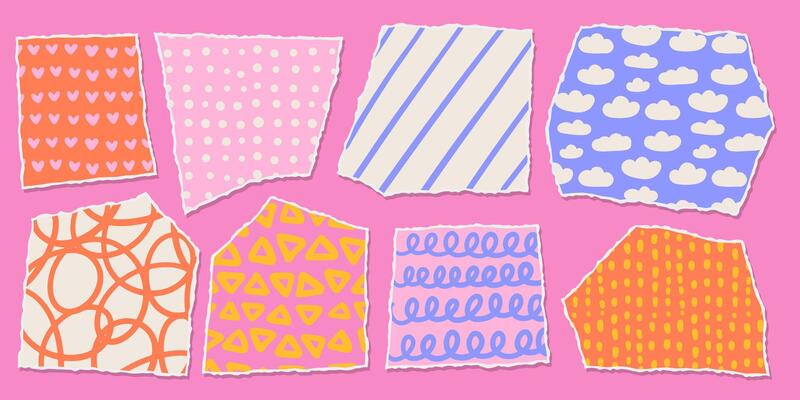 Set of jagged paper shapes with funny childish patterns. Torn sheets items for collage, design templates, banner, and sticker. hand draw illustration.