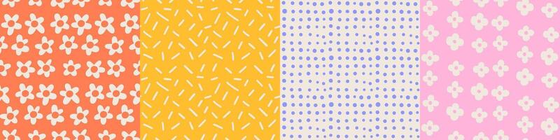 Cute kiddy set of seamless pattern with primitive naive art flowers and strokes in 70s vintage style. Hand drawn illustration. vector