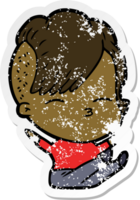 distressed sticker of a cartoon squinting girl png