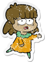 distressed sticker of a cartoon tired woman png