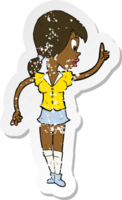 retro distressed sticker of a cartoon girl with idea png